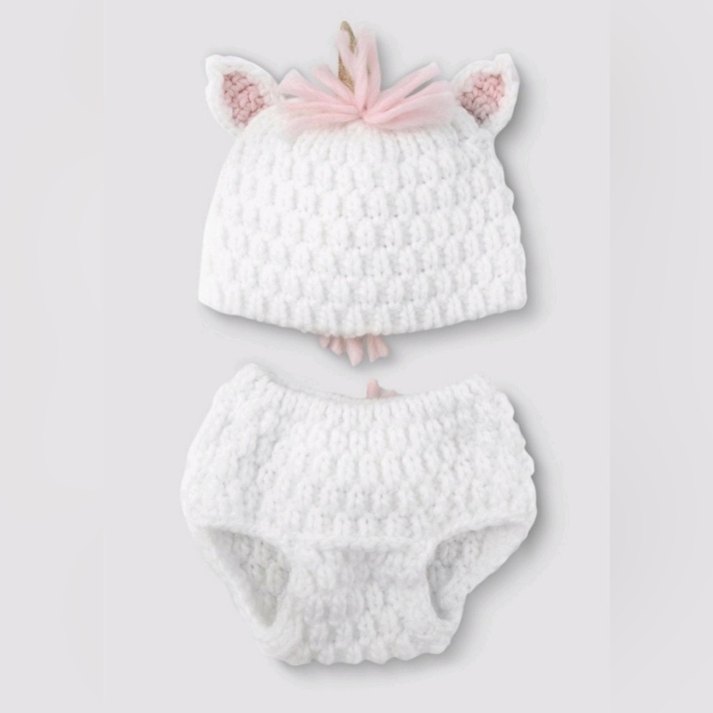 White and Pink Knitted Baby Hat and Diaper Cover Set